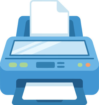 Blue desktop printer with paper output a flat vector illustration