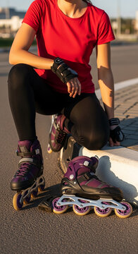 Close-up on roller skates with purple accents, a person in red top and black leggings is kneeling, representing active lifestyle, sport, and outdoor recreation