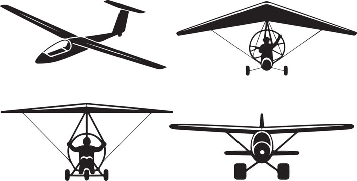Collection of black silhouette flying aircrafts including gliders and ultralights for aviation themes.