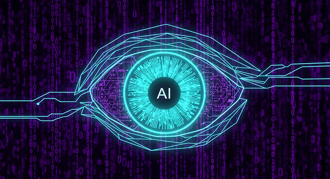 Digital eye graphic representing artificial intelligence technology on a background of binary code