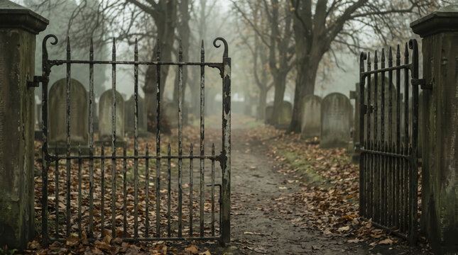 Weathered cemetery gate stands open toward quiet dirt footpath lined with tombstones. Atmospheric iron entryway invites peaceful reflection between stone pillars among misty autumn trees.