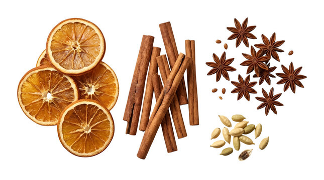 Dried orange slices, cinnamon sticks, star anise, and cardamom pods isolated on transparent background