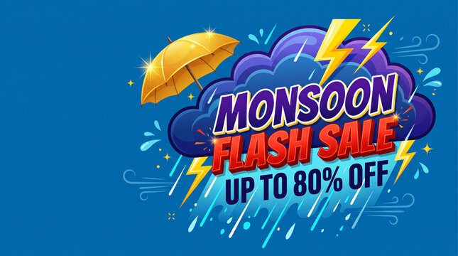 Illustration of a monsoon flash sale with an umbrella and storm elements, symbolizing a discount event during rainy season.