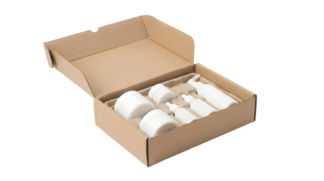 Cosmetic skincare set in brown cardboard gift box isolated on transparent background
