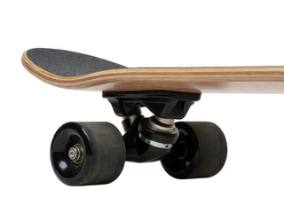 Skateboard underside view with black wheels and wooden deck. Minimalist lifestyle object on transparent background for sports and urban concept. © Rasmus