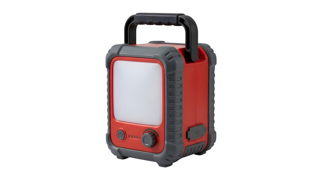 Portable led work light with a red and grey rugged casing, featuring a handle, power button, brightness dial, and usb charging port isolated on transparent background