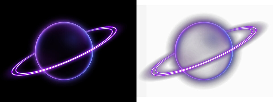 Neon planet with rings on black and transparent background