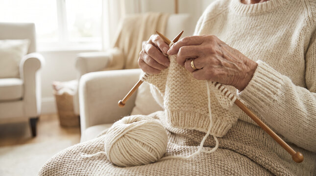 Senior woman knits textured cream fabric using smooth wooden needles, sitting comfortably on chair while skilled aging hands handle pure wool yarn in peacefully warm domestic interior setting.