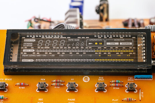 Vintage cassette deck vacuum fluorescent display mounted on a printed circuit board