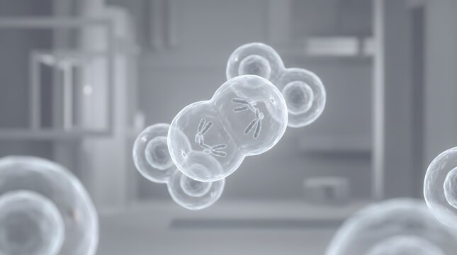 A 3D scientific illustration showing cells undergoing division with visible chromosomes separating during mitosis