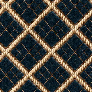 Seamless pattern woven textile background showcasing a repeating geometric argyle pattern using plush blue velvet and braided beige rope