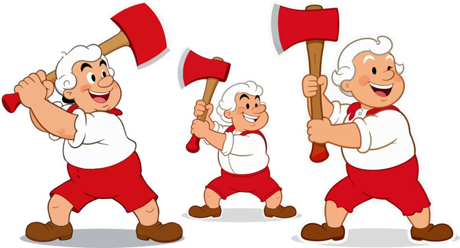 Three cartoon lumberjacks swinging axes in forest workwear for