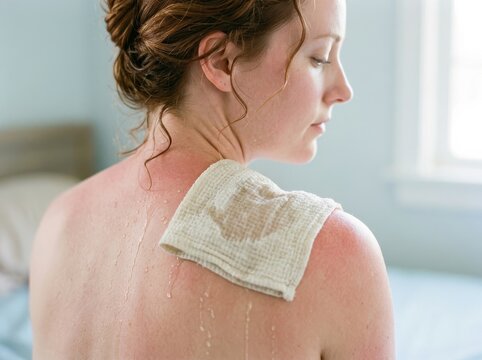 Sunburn relief with cold compress on a woman shoulder indoors