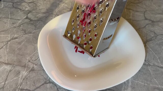 Grating boiled beetroot into a white plate.