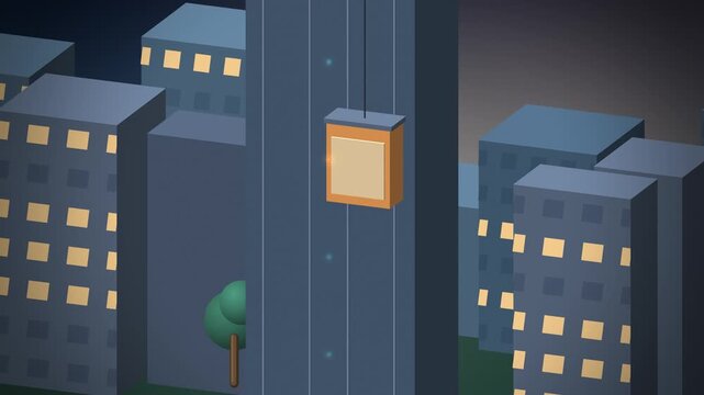 Cyan glass elevator pod climbing a tower in AI