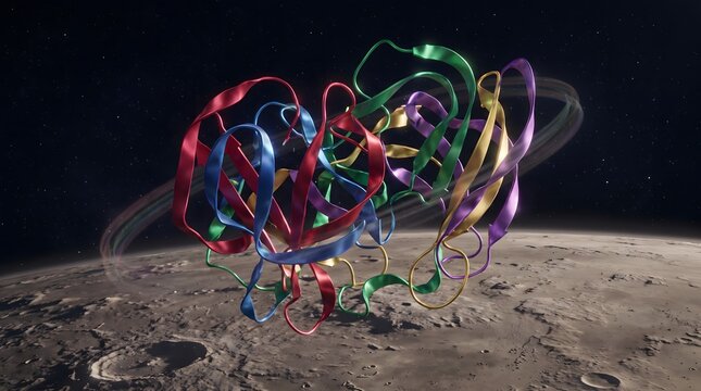 A colorful ribbon protein structure floating above a cratered lunar surface in outer space