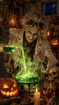 Eccentric scientist in goggles and lab coat pours a glowing green liquid into a bubbling flask in a dimly lit, Halloween-themed laboratory filled with pumpkins, skulls, and candles.
