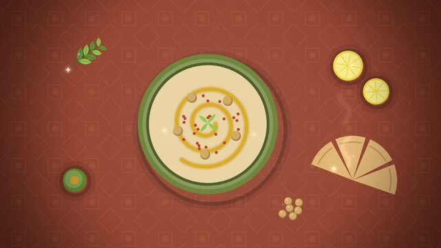 Bowl of creamy hummus with olive oil swirl and pita bread top view