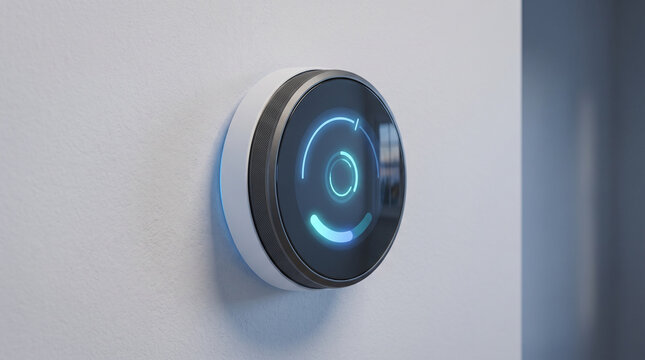 Smart thermostat displaying blue circular interface on a wall  