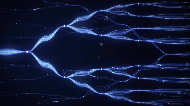 AI neural network branching background, blue glowing fiber lines splitting into data paths with light pulses on dark background, seamless loop machine learning motion graphic, copy space