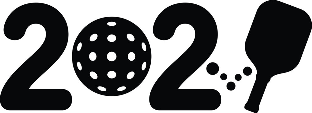 Modern pickleball themed 2027 new year celebration vector silhouette illustration showing a perforated ball on tee and paddle with bouncing balls.