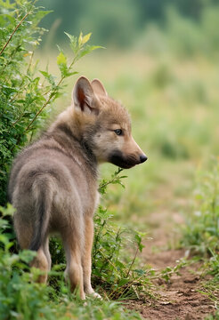 Wildlife conservation and nature, young gray wolf pup standing in green forest grass, wild animal in natural habitat, predator cub in wilderness