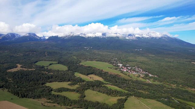 Aerial view of snow capped High Tatras mountains in Slovakia