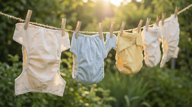 Reusable cloth diapers dry outdoors on string clothesline during sunny afternoon. Freshly washed baby covers hang suspended by wooden pegs beside blurred foliage in peaceful backyard setting.