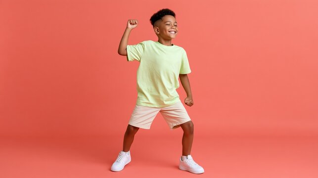 Joyful Black boy celebrates with a raised fist in a vibrant full-length studio portrait