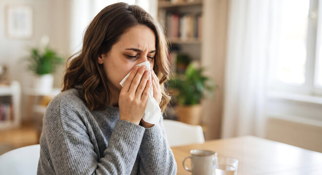 Woman sneezing with tissue: A woman is sitting in her living room, sneezing into a tissue, feeling unwell. She has a cold and is trying to get better.