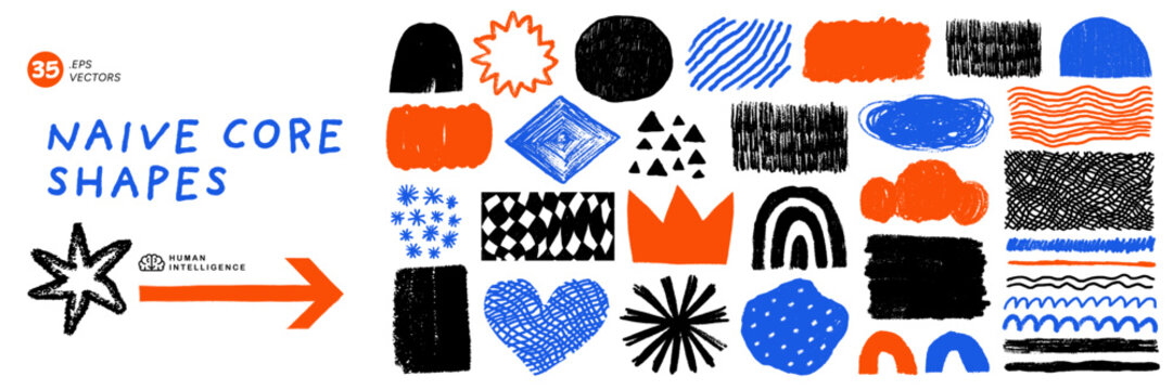 Naive crayon icon set with crown, heart and rainbow doodle joins star burst plus striped crayon stroke sketched in rough chalk texture. Icon pack suits logos, greeting cards and stickers nicely