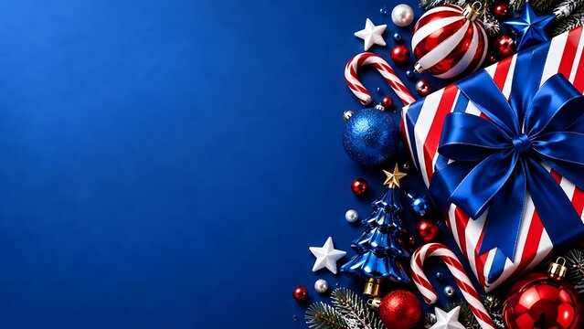 Beautiful christmas gift box decorated with bright red and white stripes alongside shiny blue ornaments and candy canes arranged gracefully on rich navy blue backdrop
