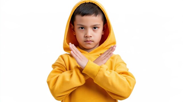 East Asian boy in a yellow hoodie makes an X gesture in a bright white studio portrait