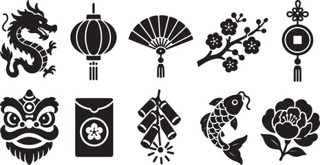 Fototapeta premium Minimalist Chinese New Year Icon Set with Dragon, Lantern, Lion Dance and Festive Symbols