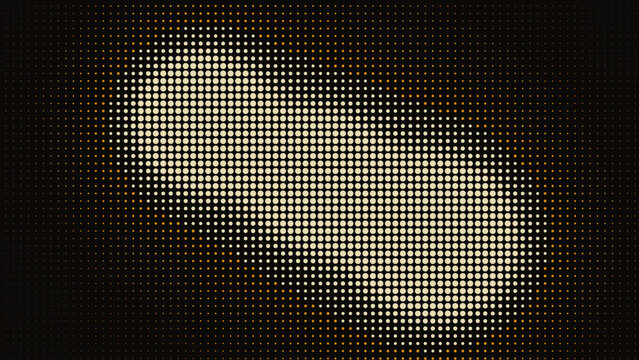 Abstract halftone dot pattern background with glowing golden light effect and dark copy space