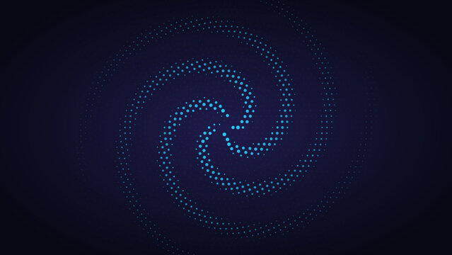 Abstract blue spiral halftone pattern background with glowing square dots and dark gradient space