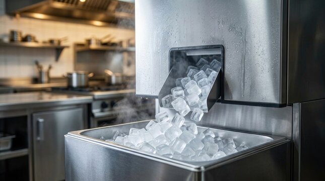 Commercial ice machine dispensing crystal-clear ice cubes into a stainless steel storage bin, ice maker filling most of the frame, primary subject tack sharp, softly blurred kitchen environment, ultr