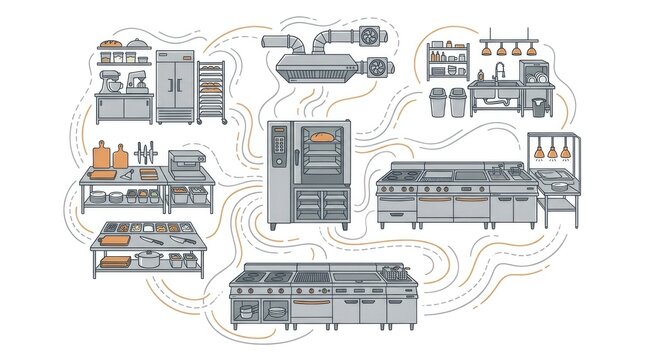 Commercial oven ecosystem centered around a professional cooking line, surrounded by baking equipment, preparation stations, food service, ventilation and kitchen workflow, connected with flowing doo