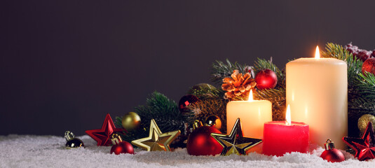 Obraz na płótnie Canvas Christmas composition with a lantern, baubles and pine branche