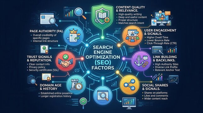 Search Engine Optimization SEO Factors Diagram Digital Marketing Strategy Concept