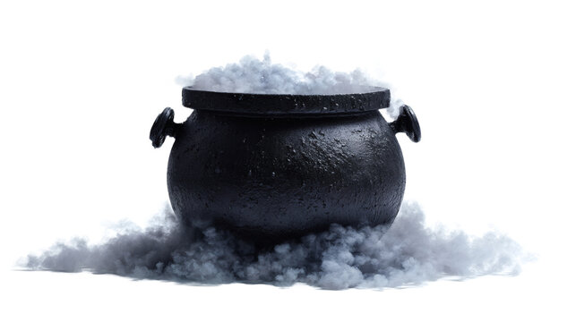 black cast-iron cauldron with dry ice fog spilling over the edge