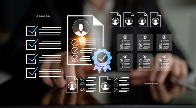 Illustration of the resume review process featuring digital elements like checkmarks and certification seals, highlighting modern recruitment and assessment methods for job seekers. Gantry