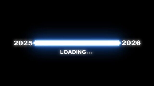 New year 2026 loading bar animation Year changing from 2025 to 2026.Loading bar from 2025 to 2026 new year transfer animation.Advance happy new year on a black background.