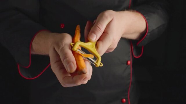 Hands peel a fresh carrot with a yellow vegetable peeler, revealing the orange surface during food preparation against a dark background in a close kitchen detail
