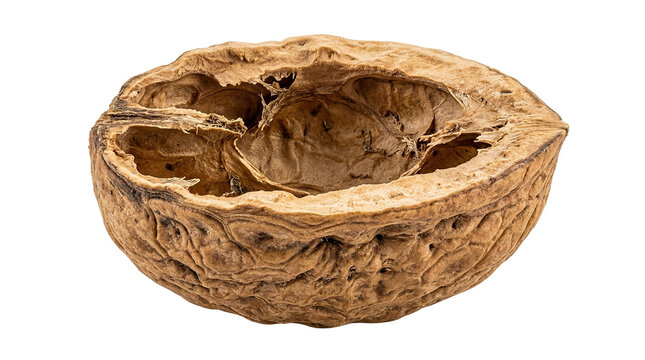 Close-up of halved empty walnut shell with detailed brown texture