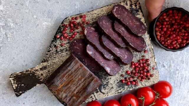 Sliced dry cured beef sausage or basturma with salt and spices. Sliced basturma