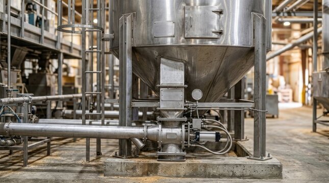 Large stainless steel grain storage hopper with precision discharge system, grain hopper filling most of the frame, main subject in sharp focus, softly blurred processing plant, ultra realistic, prem