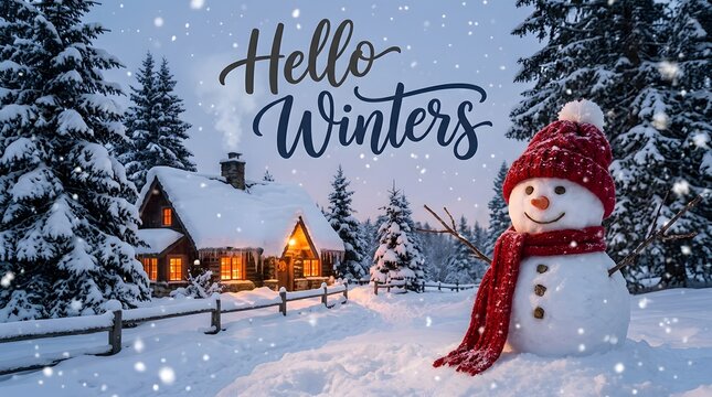 Hello Winter greeting card with smiling snowman, snowy cabin, evergreen trees, and falling snow