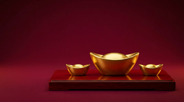 Golden chinese sycee ingots arranged on a polished mahogany surface