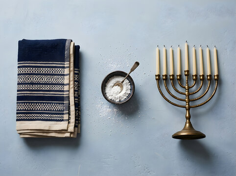 Traditional Hanukkah menorah with candles, folded navy blue tallit prayer shawl, bowl of flour for holiday baking on blue background